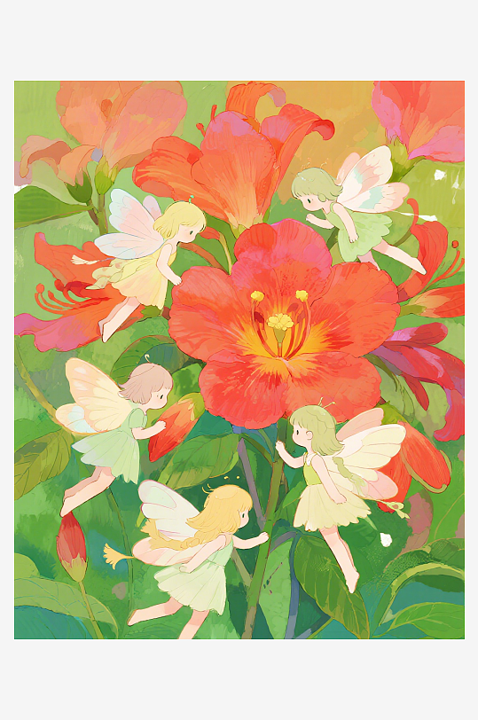 有透明翅膀的穿着小裙子的花仙子在花丛中飞-众图网