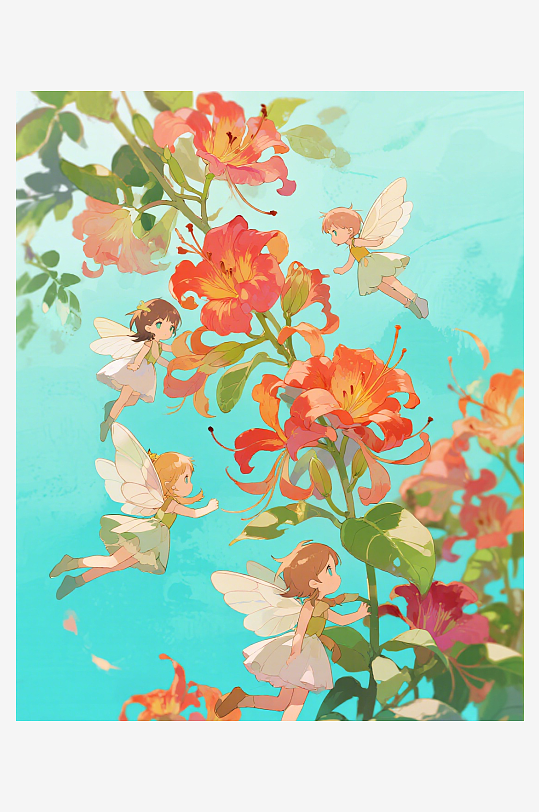 有透明翅膀的穿着小裙子的花仙子在花丛中飞-众图网