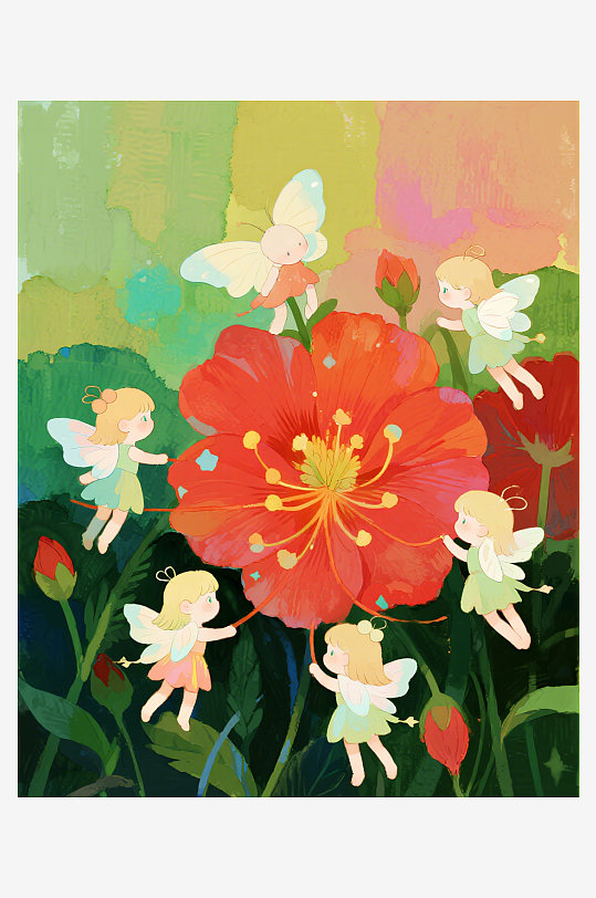 有透明翅膀的穿着小裙子的花仙子在花丛中飞-众图网