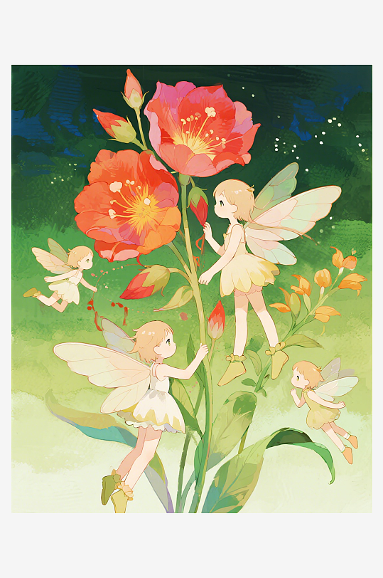有透明翅膀的穿着小裙子的花仙子在花丛中飞-众图网