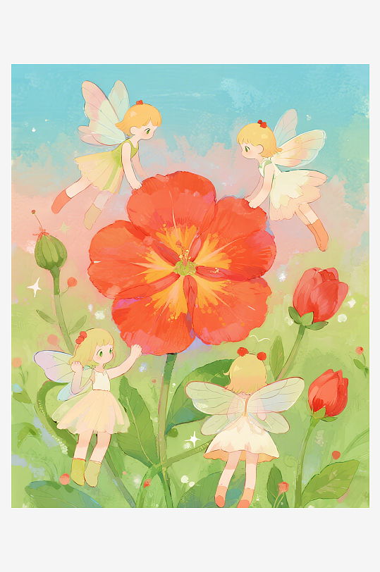 有透明翅膀的穿着小裙子的花仙子在花丛中飞-众图网