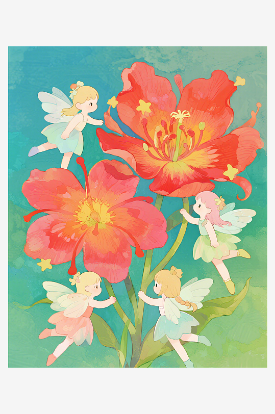 有透明翅膀的穿着小裙子的花仙子在花丛中飞-众图网