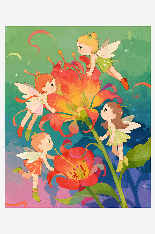 有透明翅膀的穿着小裙子的花仙子在花丛中飞-众图网