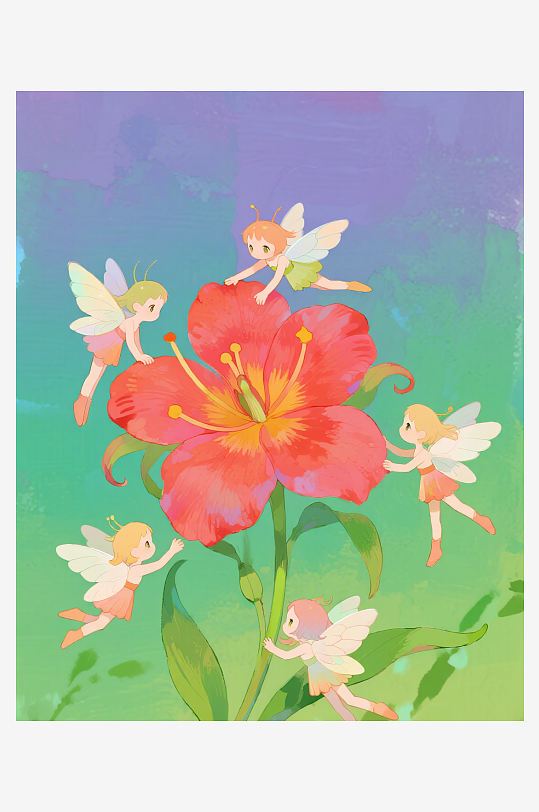 有透明翅膀的穿着小裙子的花仙子在花丛中飞-众图网