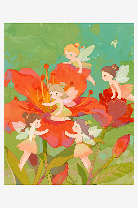 有透明翅膀的穿着小裙子的花仙子在花丛中飞-众图网