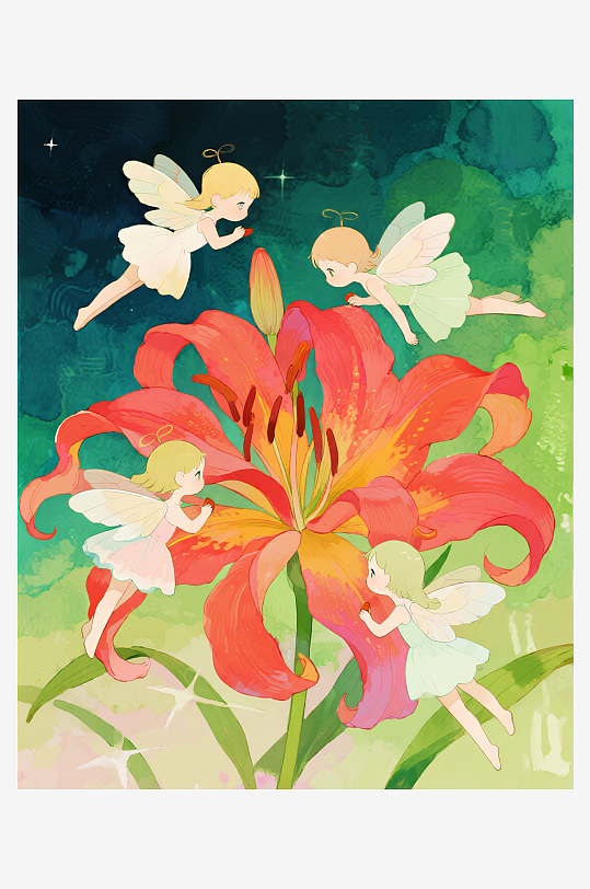 有透明翅膀的穿着小裙子的花仙子在花丛中飞-众图网