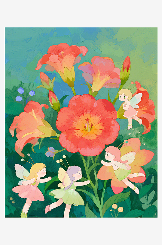 有透明翅膀的穿着小裙子的花仙子在花丛中飞-众图网