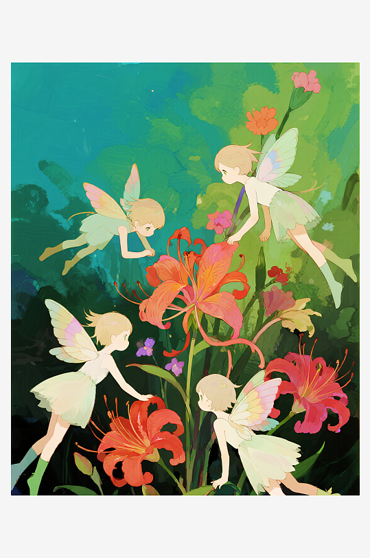 有透明翅膀的穿着小裙子的花仙子在花丛中飞-众图网