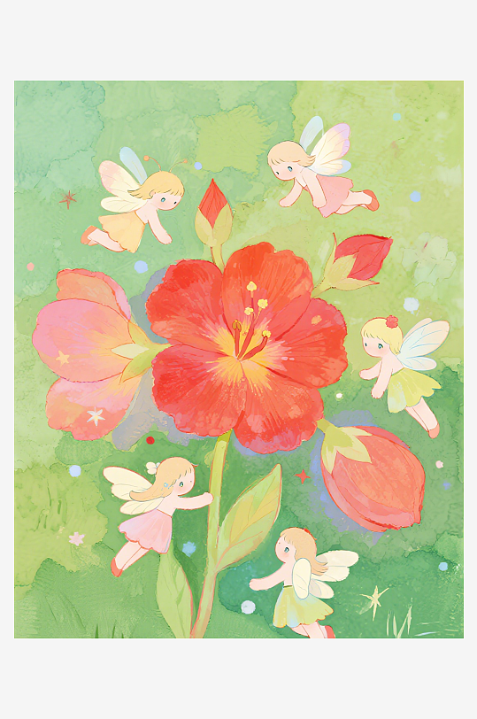 有透明翅膀的穿着小裙子的花仙子在花丛中飞-众图网