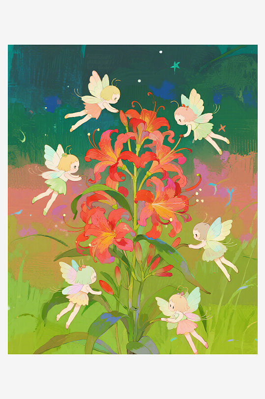 有透明翅膀的穿着小裙子的花仙子在花丛中飞-众图网