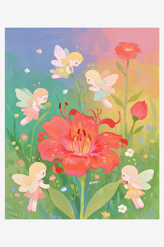 有透明翅膀的穿着小裙子的花仙子在花丛中飞-众图网