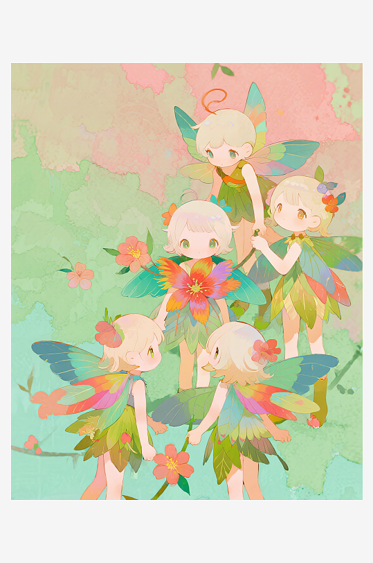 有透明翅膀的穿着小裙子的花仙子在花丛中飞-众图网