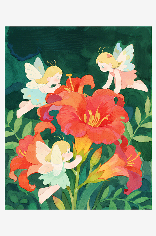 有透明翅膀的穿着小裙子的花仙子在花丛中飞-众图网