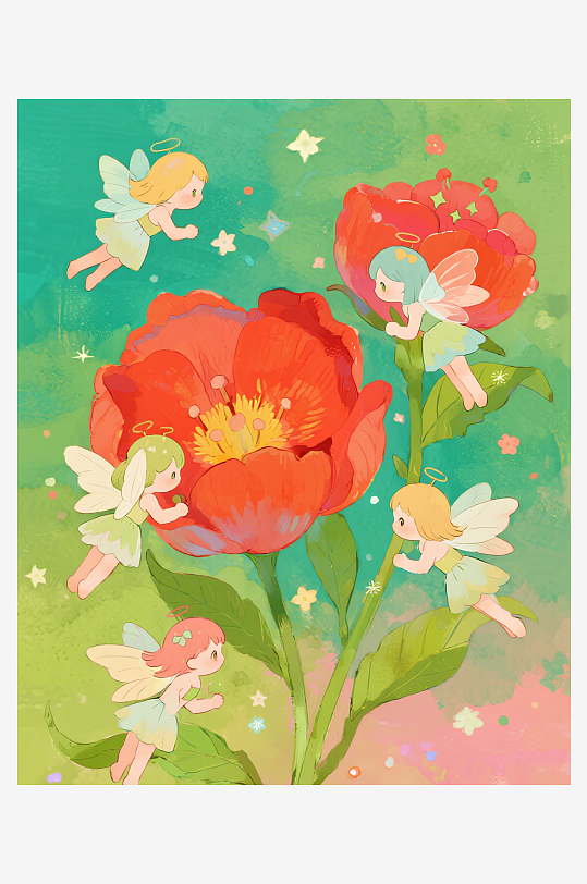 有透明翅膀的穿着小裙子的花仙子在花丛中飞-众图网