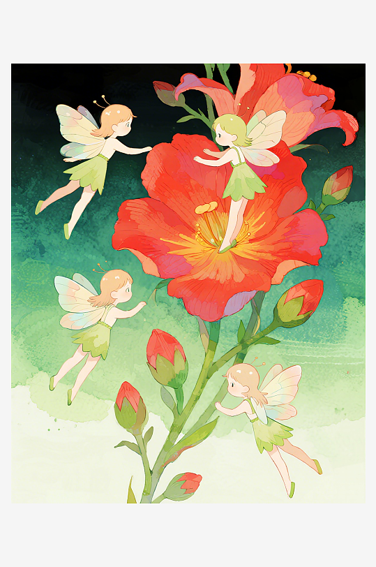 有透明翅膀的穿着小裙子的花仙子在花丛中飞-众图网