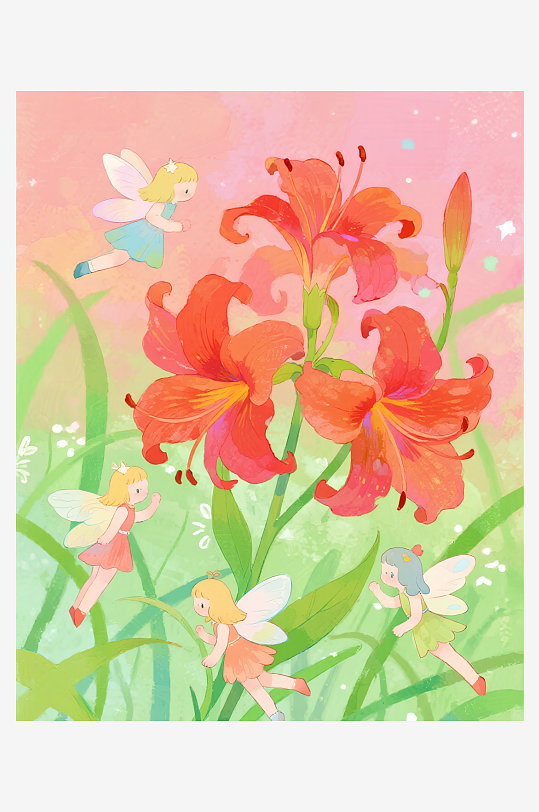 有透明翅膀的穿着小裙子的花仙子在花丛中飞-众图网