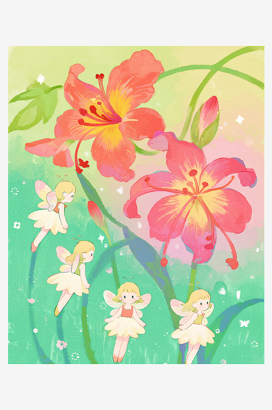 有透明翅膀的穿着小裙子的花仙子在花丛中飞-众图网
