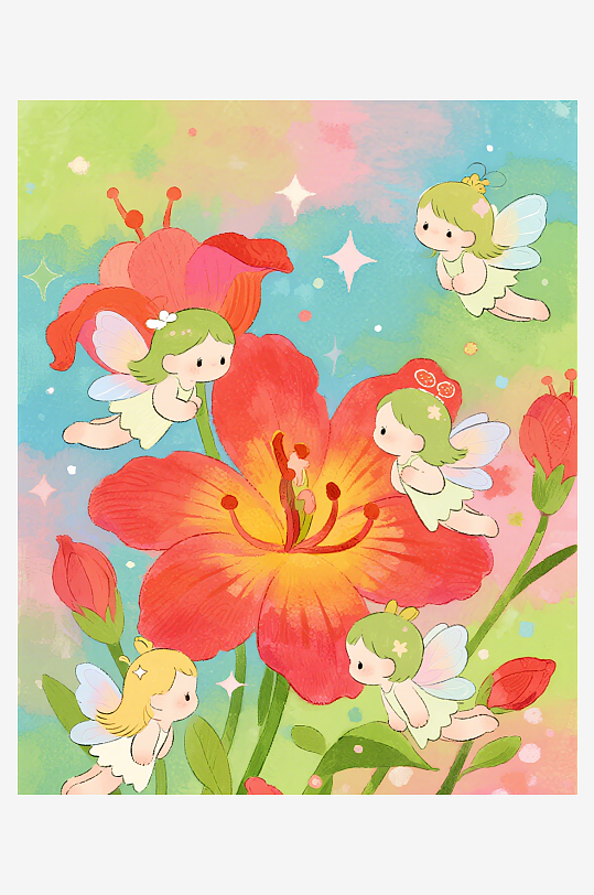 有透明翅膀的穿着小裙子的花仙子在花丛中飞-众图网