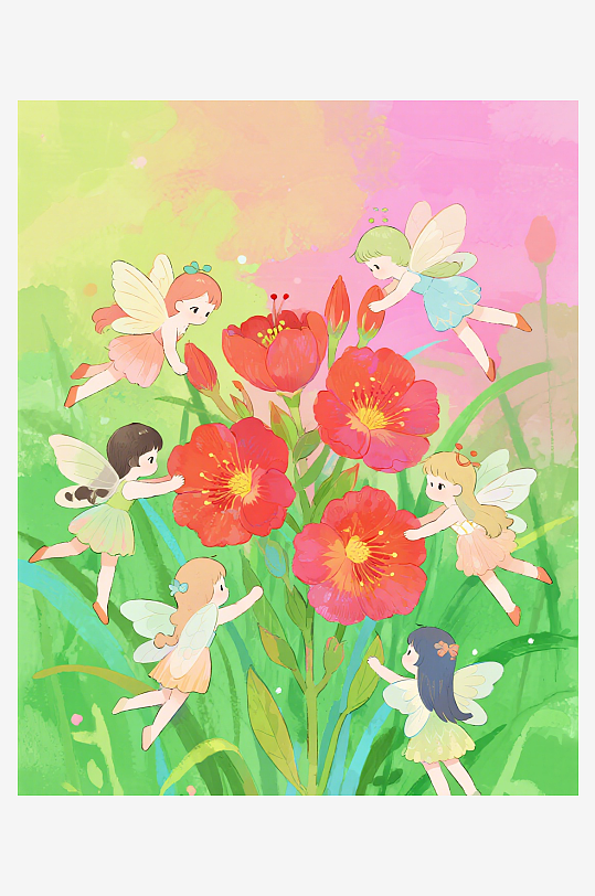 有透明翅膀的穿着小裙子的花仙子在花丛中飞-众图网