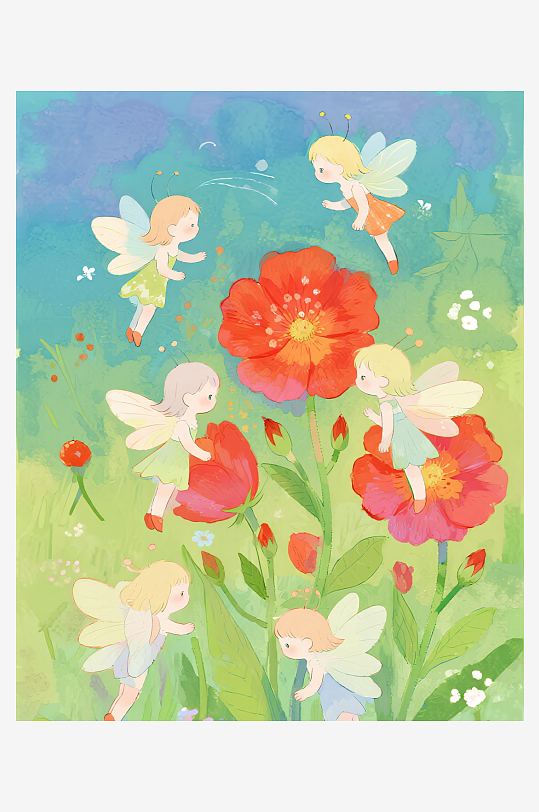 有透明翅膀的穿着小裙子的花仙子在花丛中飞-众图网