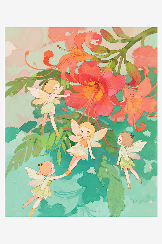 有透明翅膀的穿着小裙子的花仙子在花丛中飞-众图网