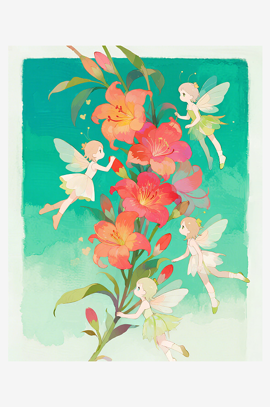 有透明翅膀的穿着小裙子的花仙子在花丛中飞-众图网