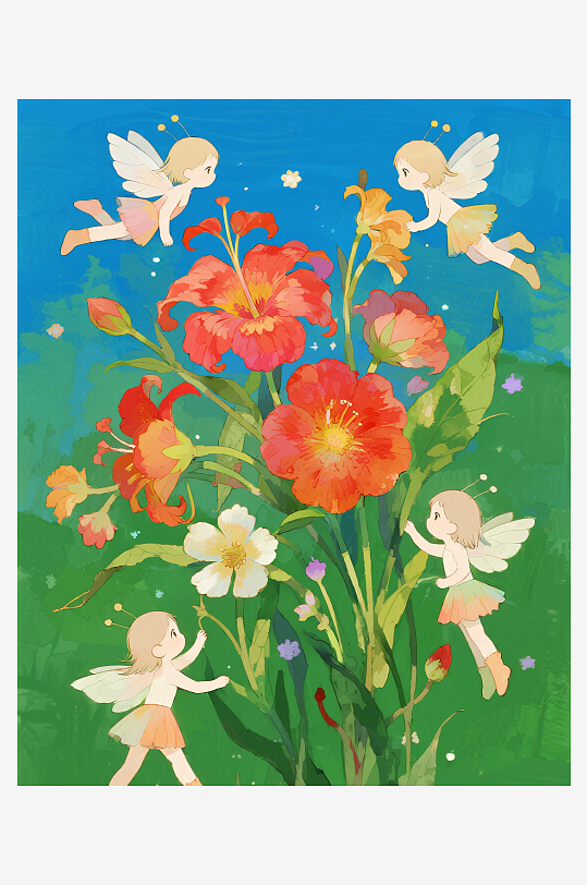 有透明翅膀的穿着小裙子的花仙子在花丛中飞-众图网