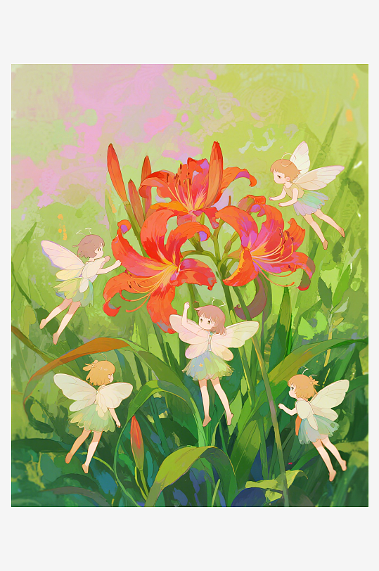 有透明翅膀的穿着小裙子的花仙子在花丛中飞-众图网