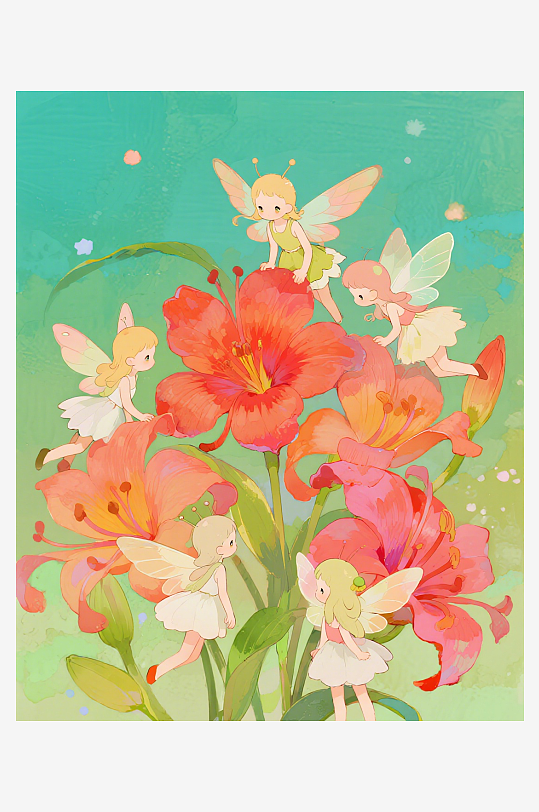 有透明翅膀的穿着小裙子的花仙子在花丛中飞-众图网