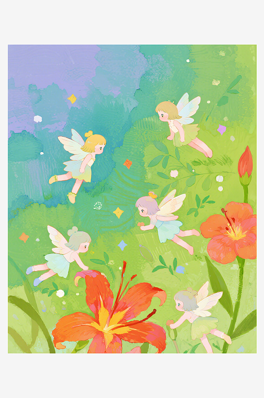 有透明翅膀的穿着小裙子的花仙子在花丛中飞-众图网