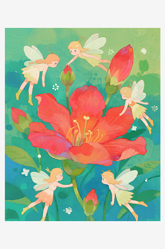 有透明翅膀的穿着小裙子的花仙子在花丛中飞-众图网