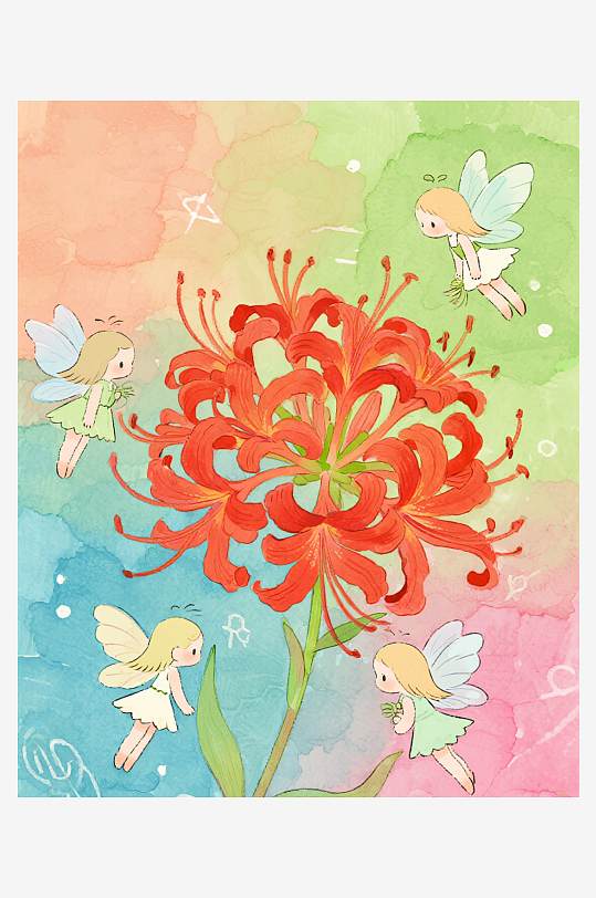 有透明翅膀的穿着小裙子的花仙子在花丛中飞-众图网