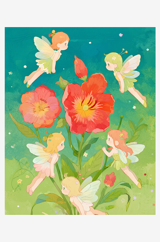 有透明翅膀的穿着小裙子的花仙子在花丛中飞-众图网