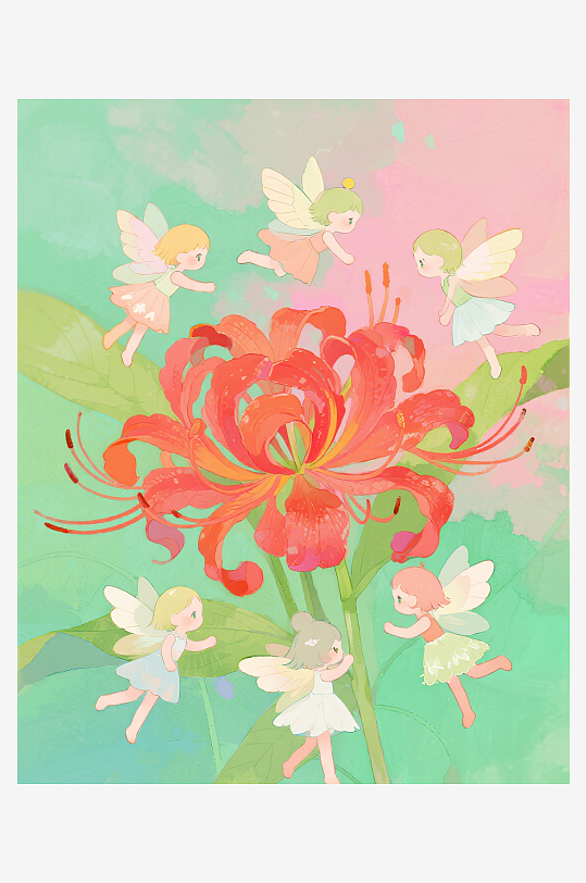 有透明翅膀的穿着小裙子的花仙子在花丛中飞-众图网