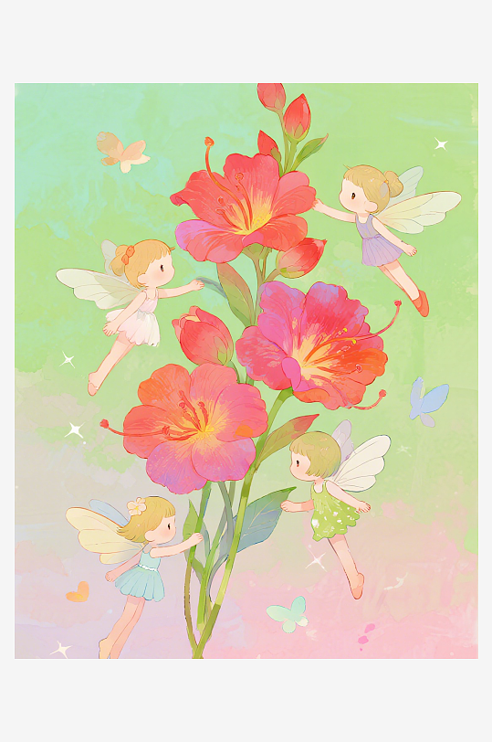 有透明翅膀的穿着小裙子的花仙子在花丛中飞-众图网