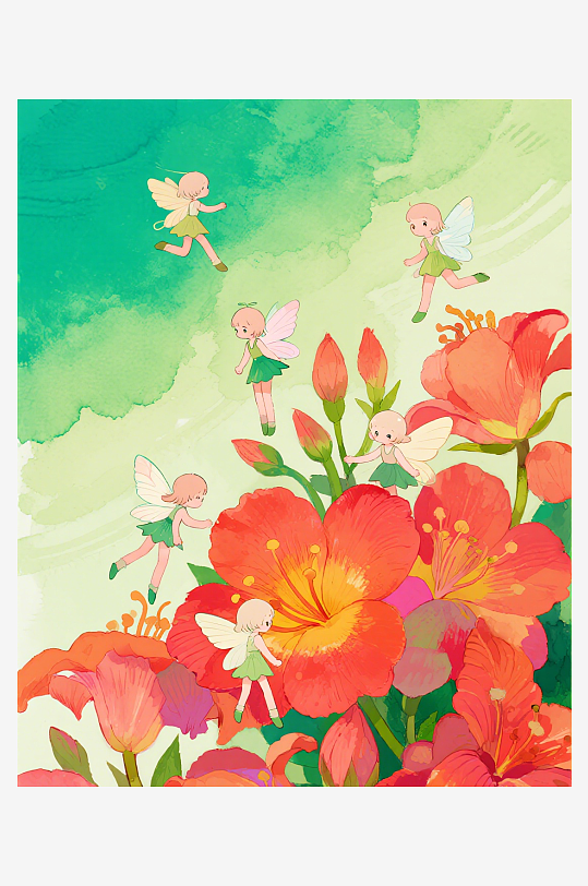 有透明翅膀的穿着小裙子的花仙子在花丛中飞-众图网