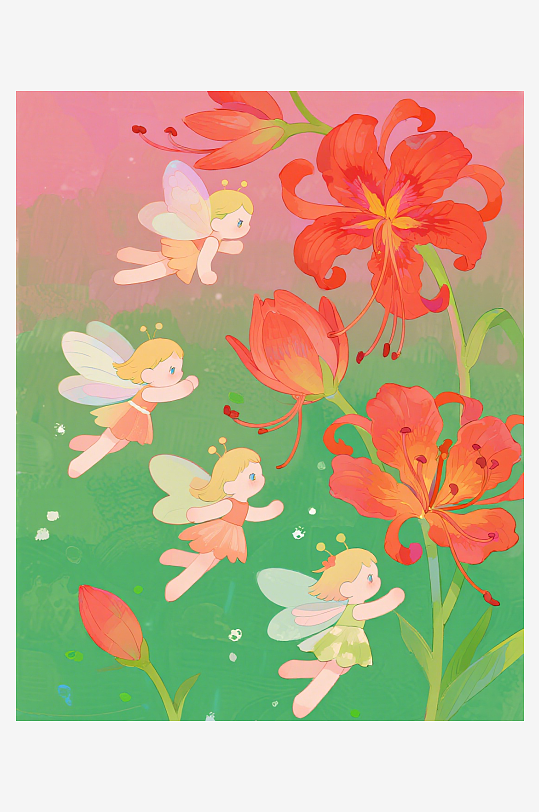 有透明翅膀的穿着小裙子的花仙子在花丛中飞-众图网