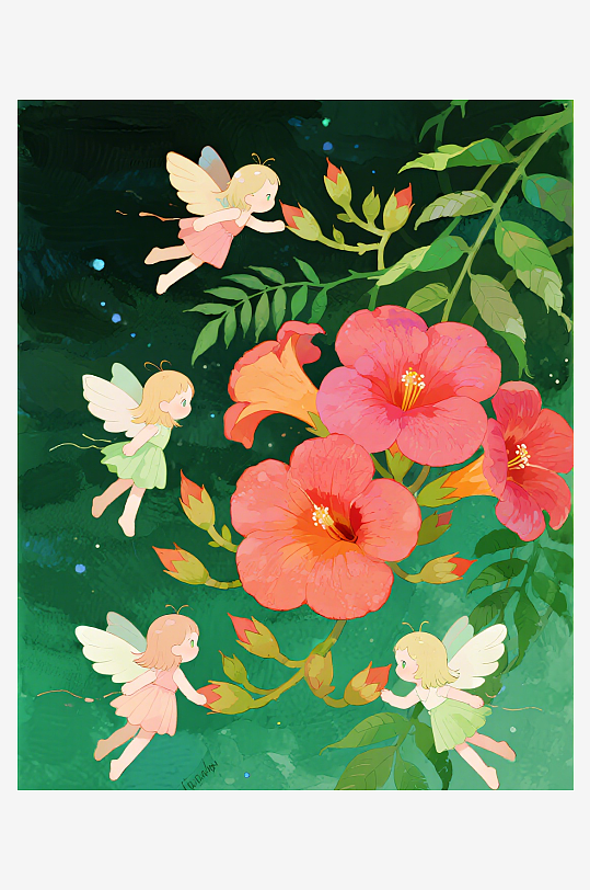 有透明翅膀的穿着小裙子的花仙子在花丛中飞-众图网