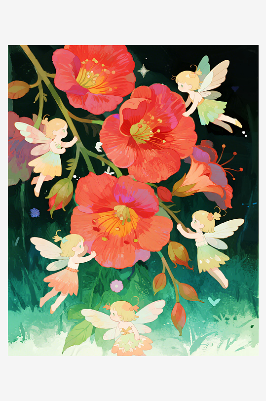 有透明翅膀的穿着小裙子的花仙子在花丛中飞-众图网