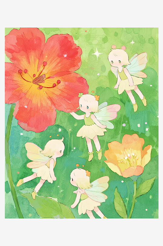 有透明翅膀的穿着小裙子的花仙子在花丛中飞-众图网