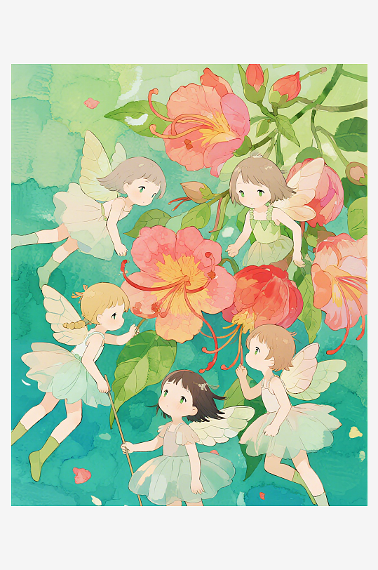 有透明翅膀的穿着小裙子的花仙子在花丛中飞-众图网