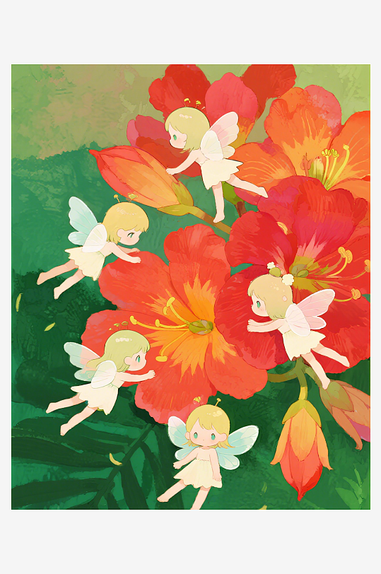 有透明翅膀的穿着小裙子的花仙子在花丛中飞-众图网