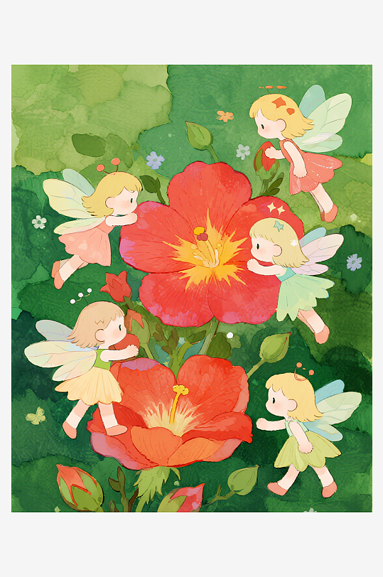 有透明翅膀的穿着小裙子的花仙子在花丛中飞-众图网