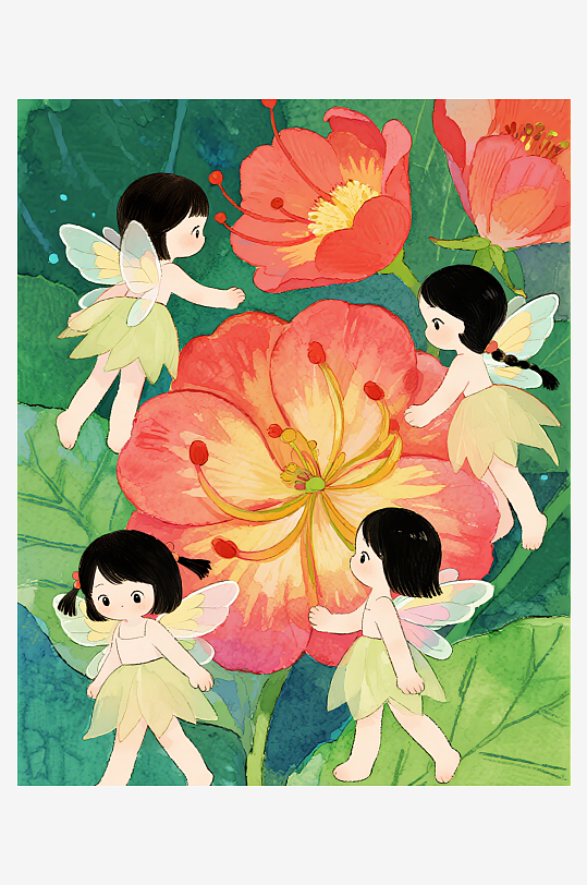 有透明翅膀的穿着小裙子的花仙子在花丛中飞-众图网