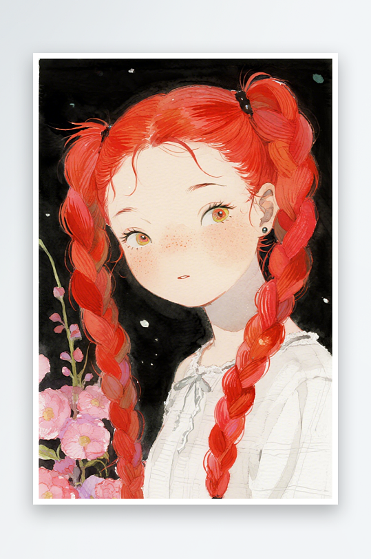 一个扎着超长的红色麻花辫的女生插画风格甜-众图网