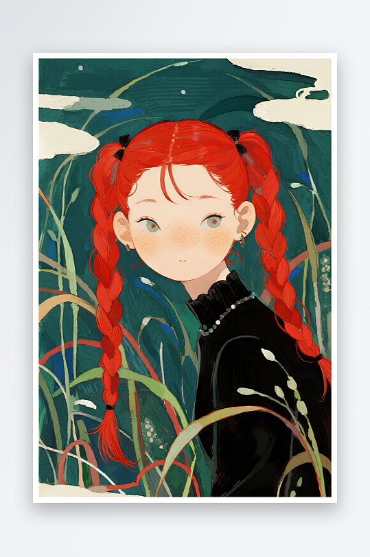 一个扎着超长的红色麻花辫的女生插画风格甜-众图网