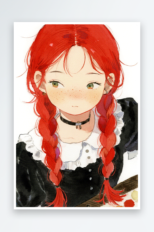 一个扎着超长的红色麻花辫的女生插画风格甜-众图网