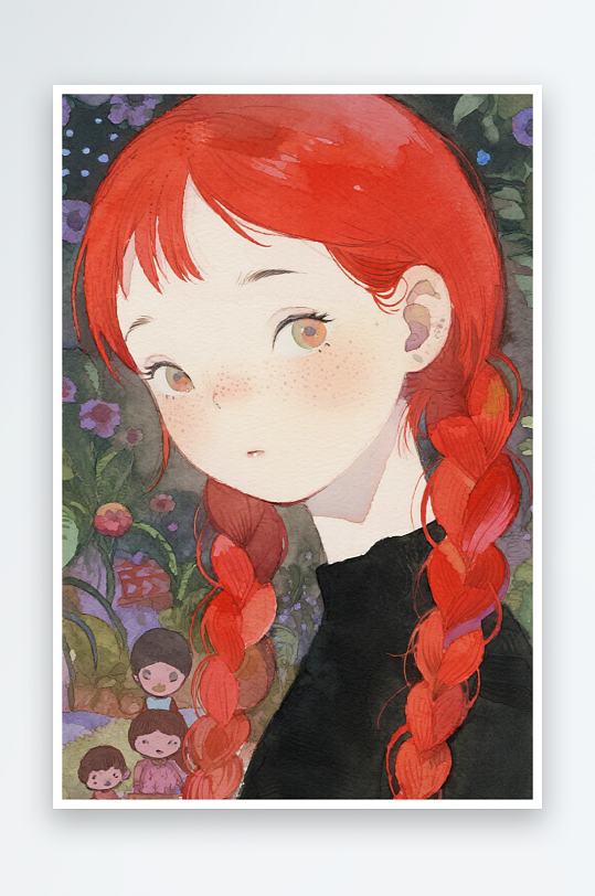 一个扎着超长的红色麻花辫的女生插画风格甜-众图网