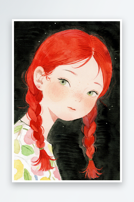 一个扎着超长的红色麻花辫的女生插画风格甜-众图网