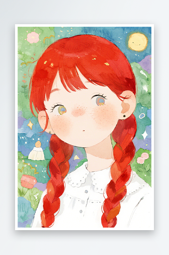 一个扎着超长的红色麻花辫的女生插画风格甜-众图网